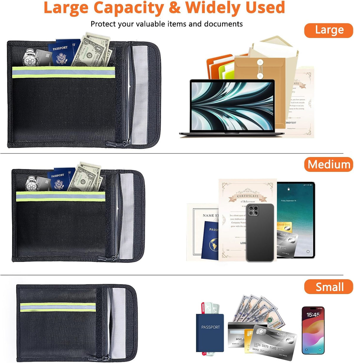 Fireproof Document Bag – 3 Pack (15" x 11", 13" x 9.7", 10.5" x 8") Fireproof & Water- proof Document Organizer | Document Holder with Zipper Secure for Cash, Passports, Check& More