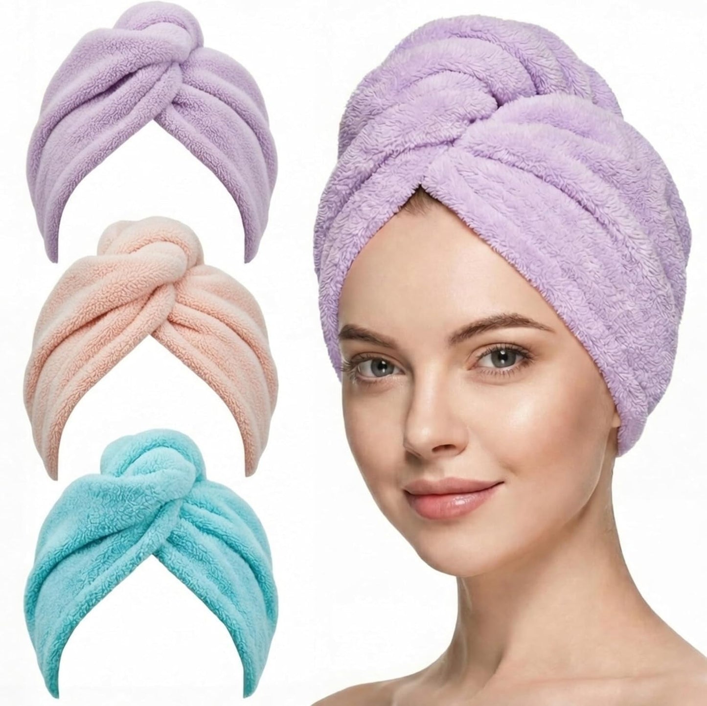 3 Pack Microfiber Hair Towel Wrap for Women 26 x 10 in | Hair Drying Towel with Button |Hair Turban Towel Quick Dry Coral Fleece Head Towels (Pink + Blue + Grey)