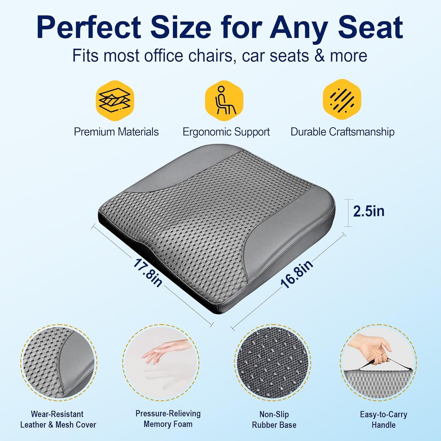 kingphenix Premium Car Seat Cushion, Memory Foam Driver Seat Cushion to Improve Driving View- Coccyx & Lower Back Pain Relief - Seat Cushion for Car, Truck, Office Chair (Leather Black)