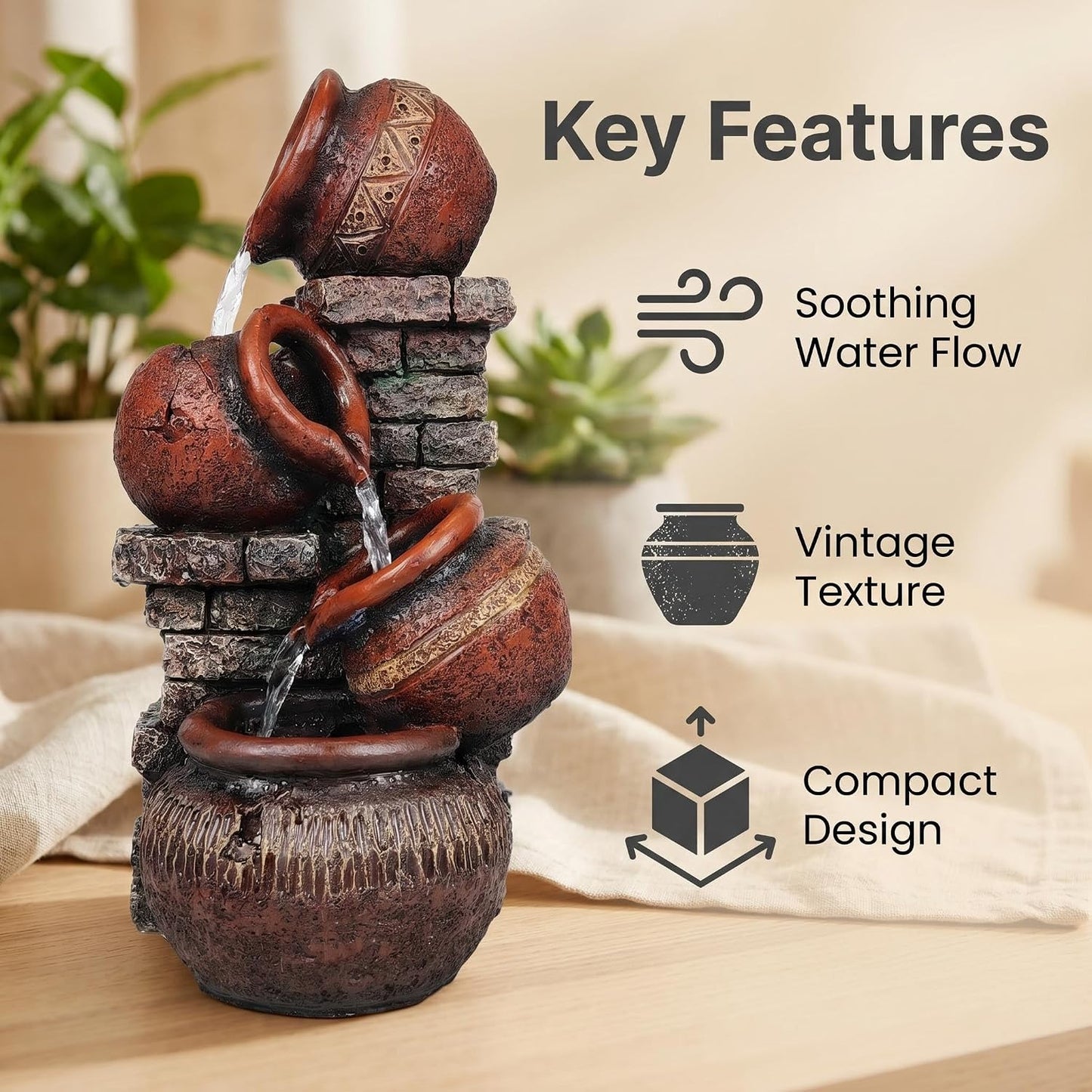 Indoor Desktop Fountain with Led Light - Layered Rock Waterfall Fountain, 13.77 x 5.9 x 5.9 inches, Silent Tabletop Water Feature Decor for Relaxation