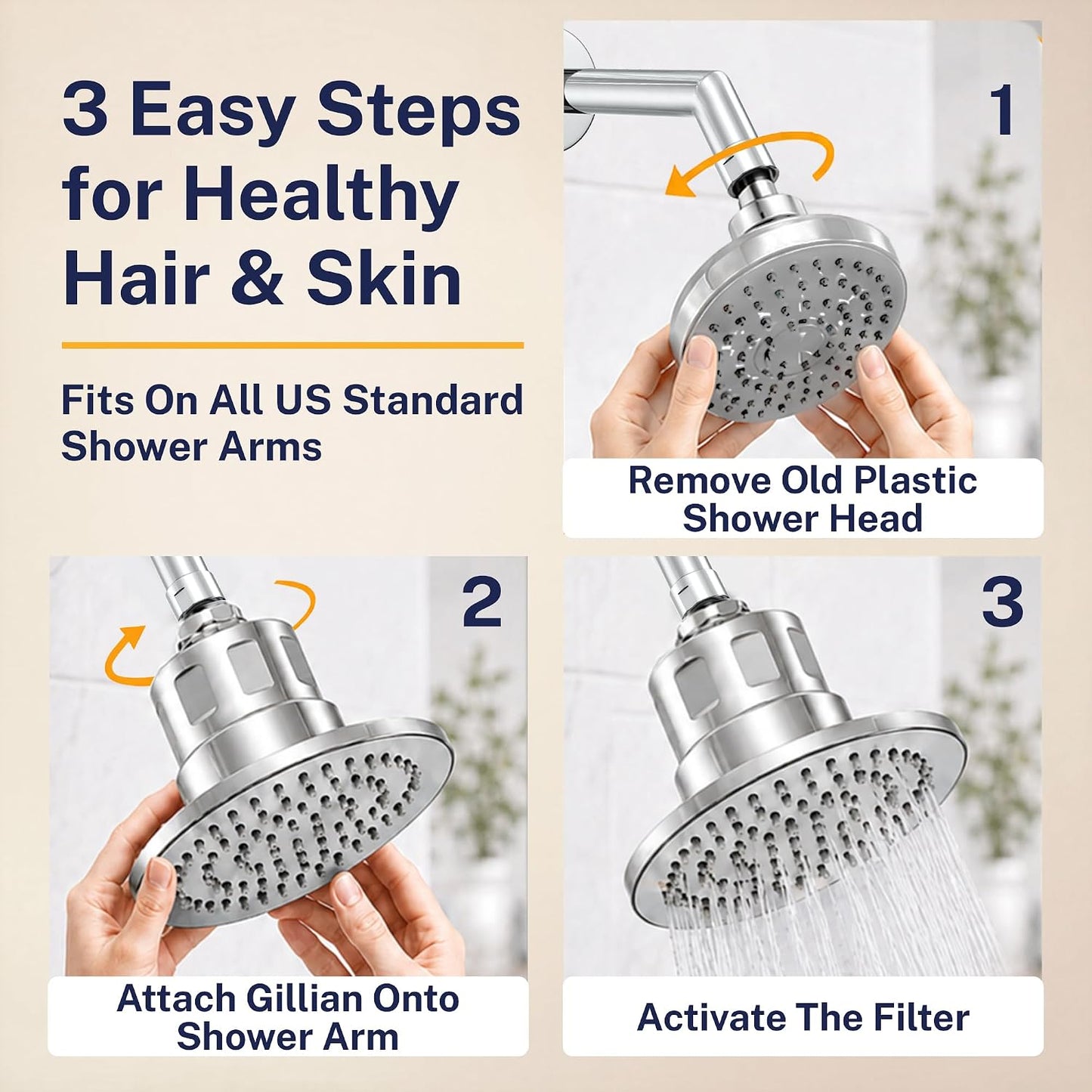 Gillian Metal Filtered Shower Head High Pressure, KDF-55 Removes Chlorine