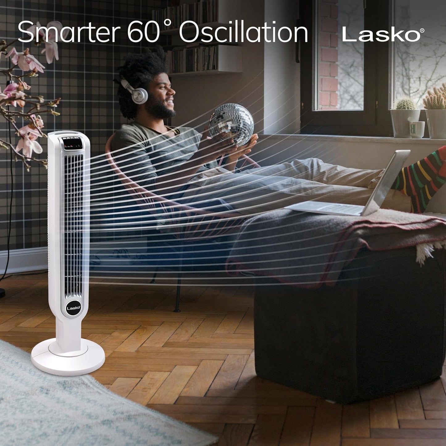 Lasko Oscillating Tower Fan with Remote Control and Timer - Quiet Standing Fan for Bedroom, Office, and Home - 3 Speeds - Powerful Cooling Air - 2510 - 36" Tall - White