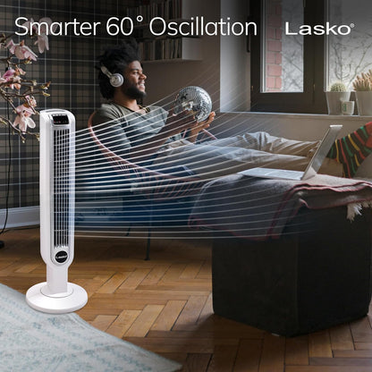 Lasko Oscillating Tower Fan with Remote Control and Timer - Quiet Standing Fan for Bedroom, Office, and Home - 3 Speeds - Powerful Cooling Air - 2510 - 36" Tall - White
