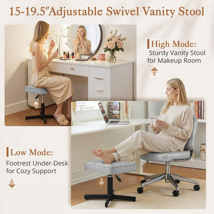 LUE BONA Adjustable Vanity Stool, Foot Rest Under Desk, 360° Swivel Vanity Chair for Makeup Room, Black Upholstered Faux Leather Ottoman for Bathroom & Living Room, 300lbs