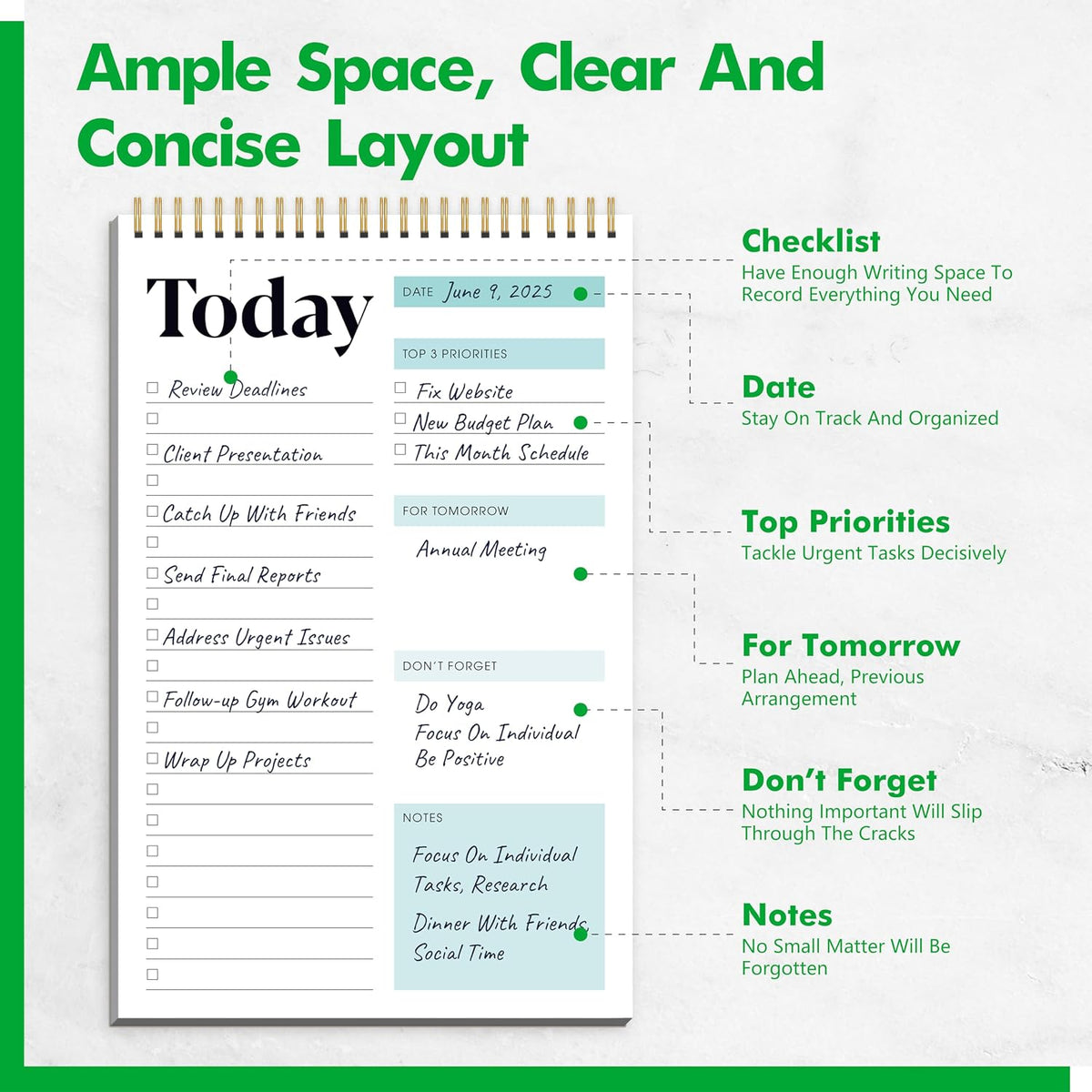 2 To Do List Notepads, Daily Planner Notebook with Tear-off Design, Undated Writing Organizer for Daily Tasks and Goal, Coiled Task Track Checklist Productivity Pad for Office, Classroom, Home, School