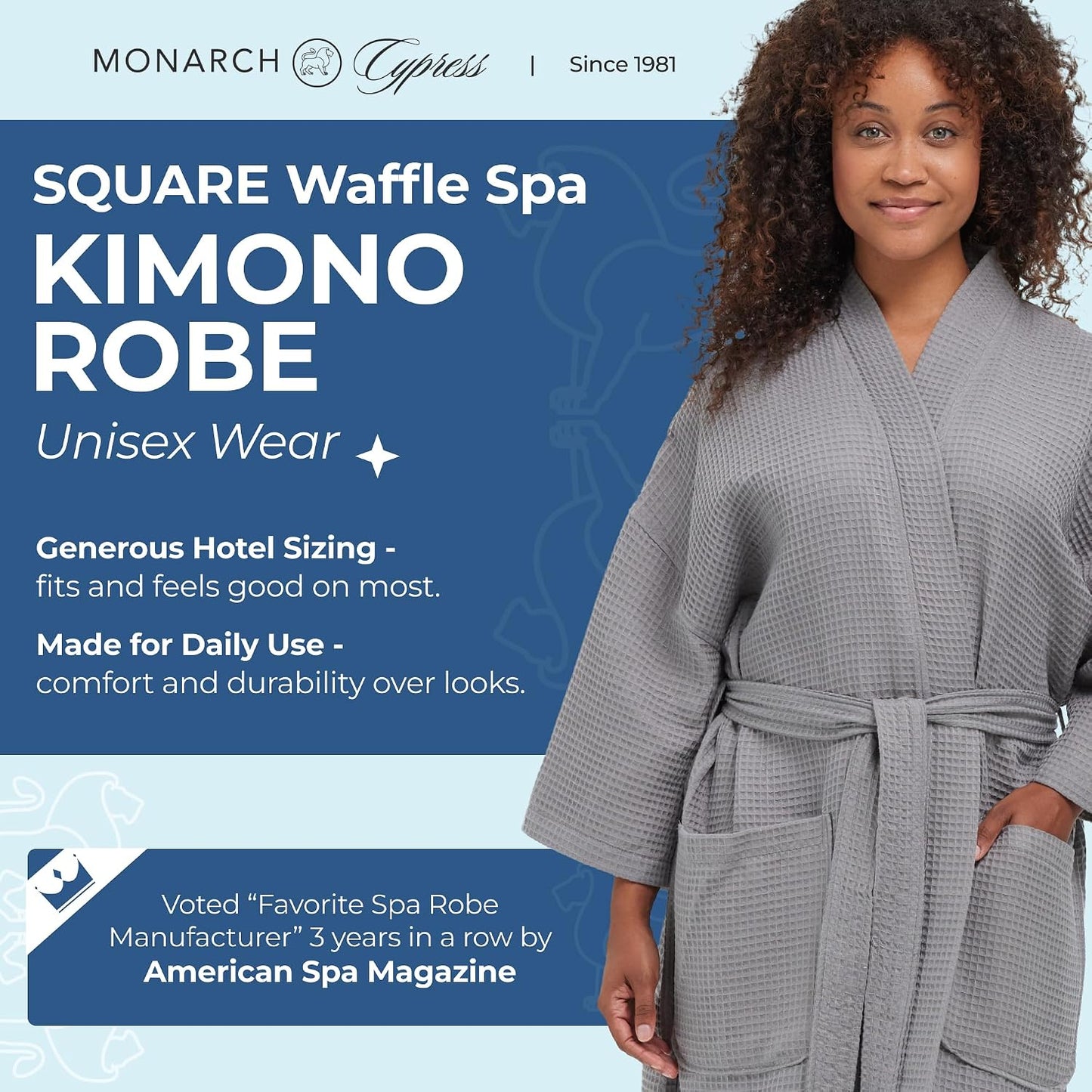MONARCH Unisex Square Waffle Spa Kimono Robe – Soft Lightweight Fabric & Generously Sized Hotel & Spa Robe with Pockets