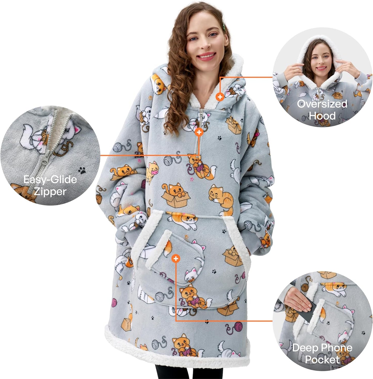 Giggling Getup Wearable Blanket Hoodie for Adults Gifts for Teen Girls Sister Women Sherpa Fleece Printed Hooded Blanket Sweatshirt Warm Cozy with Pocket & Sleeves Beige Cat