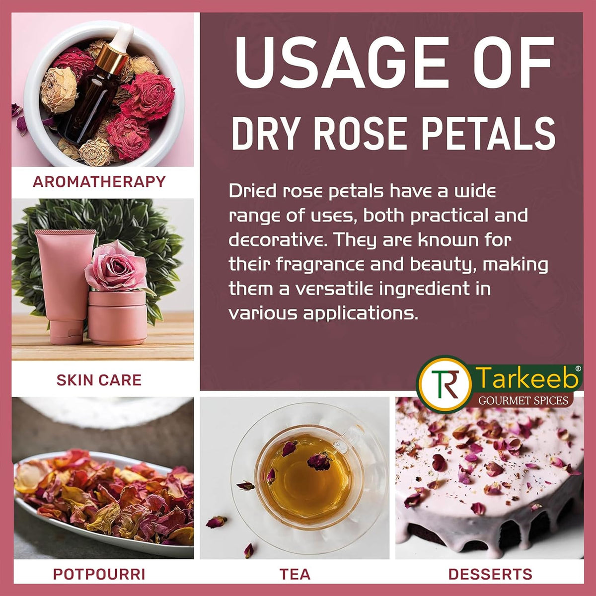 Tarkeeb Dried Rose Petals ~ All Natural | Edible Rose Petals | Dried Flower Petals for Herbal Tea, Decoration, Rose Sprinkles, Topping on Cupcakes, Desserts - Net Weight: 1.05oz/30g | Indian Origin |