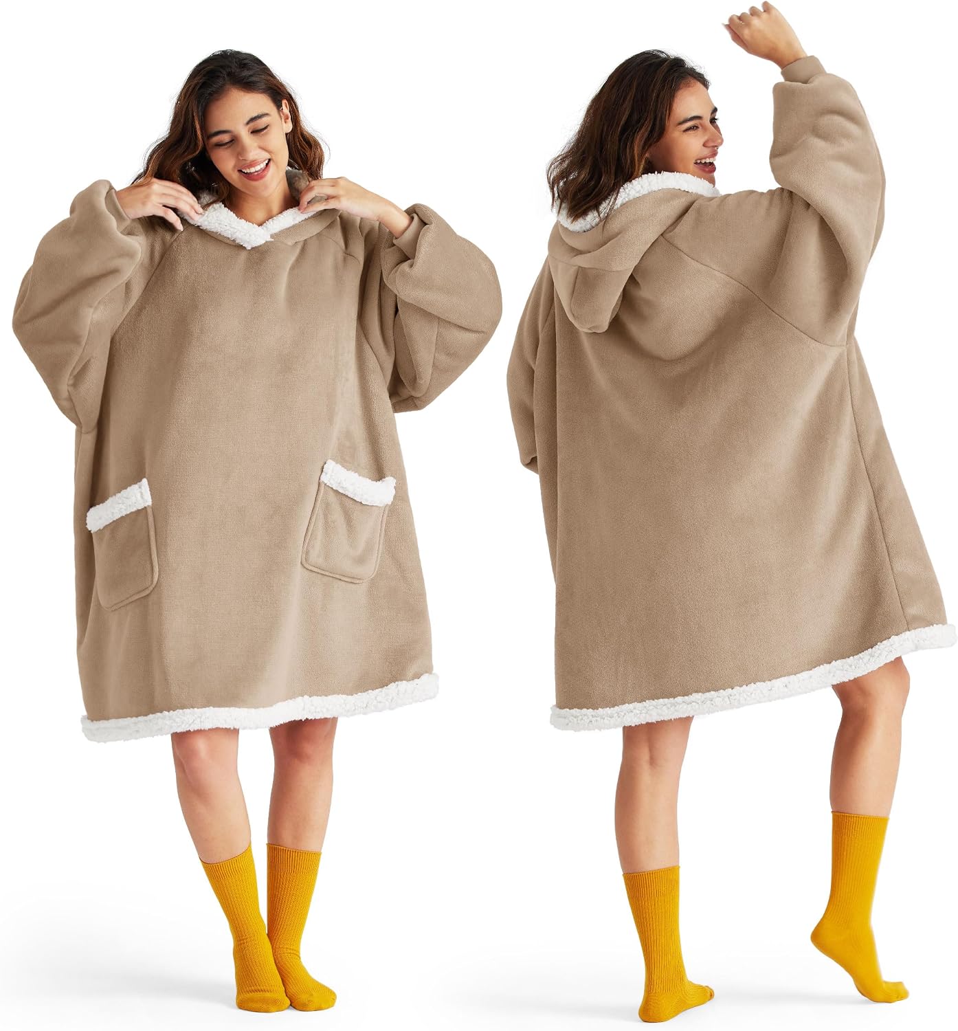 Bedsure Blanket Hoodie, Wearable Blanket Hoodie as Gifts for Mom, Birthday Gifts for Women Kids Teens Mother's Day Sherpa Sweatshirt, Grey, Standard