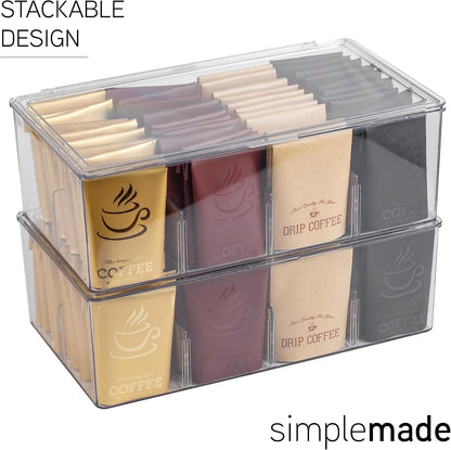 SIMPLEMADE 2 Pk Clear Tea Bag Organizer - Tea Box Divided Storage Container Box with Hinge Lid for Kitchen Cabinet, Countertop, Pantry, Hold Coffee Pods, Seasoning Packets, Condiments (Set of 2)