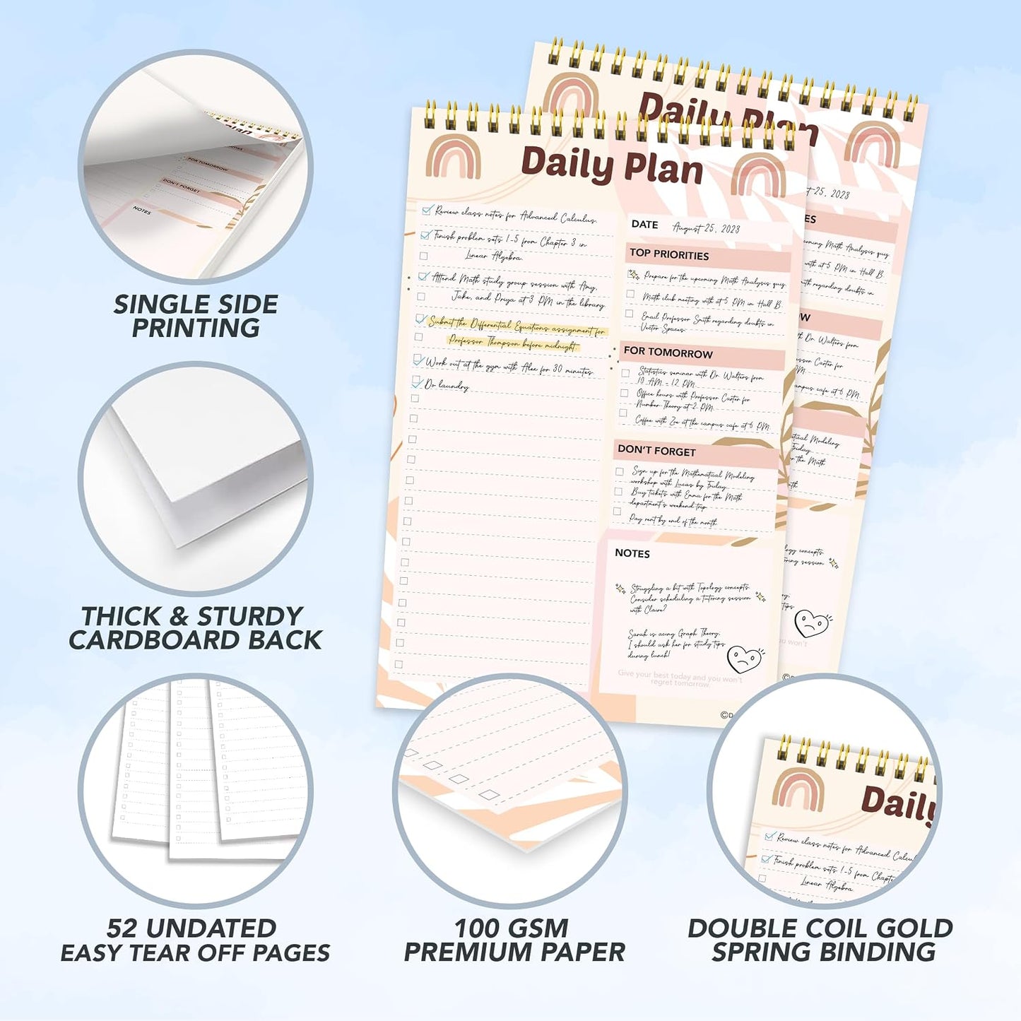 Decorably 52 Sheets Boho Undated Daily to Do List Notepad, 6.5x10in Spring-Bound Planner Pad, Easy Tear-Off Design, with Priorities, Checklist, Agenda, Reminders, Notes - Home, School, Office