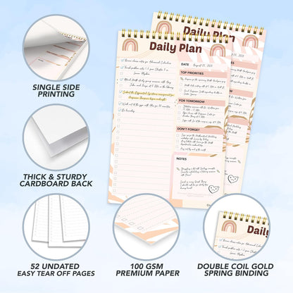 Decorably 52 Sheets Boho Undated Daily to Do List Notepad, 6.5x10in Spring-Bound Planner Pad, Easy Tear-Off Design, with Priorities, Checklist, Agenda, Reminders, Notes - Home, School, Office