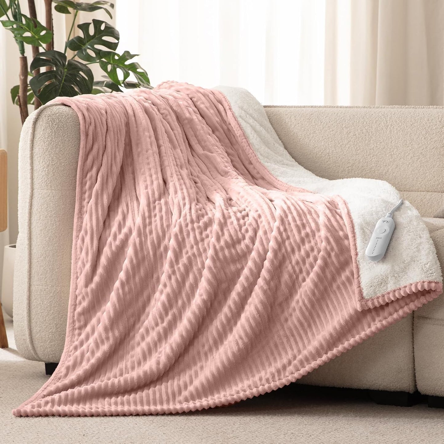 Reaks Electric Heated Throw Blanket, Silky Soft Flannel & Sherpa Heating Blanket Throw with 5 Heat Levels & 3 Hours Auto Off, Warm Gifts for Women Mom Grandma, ETL Certified (50x60 inches, White)