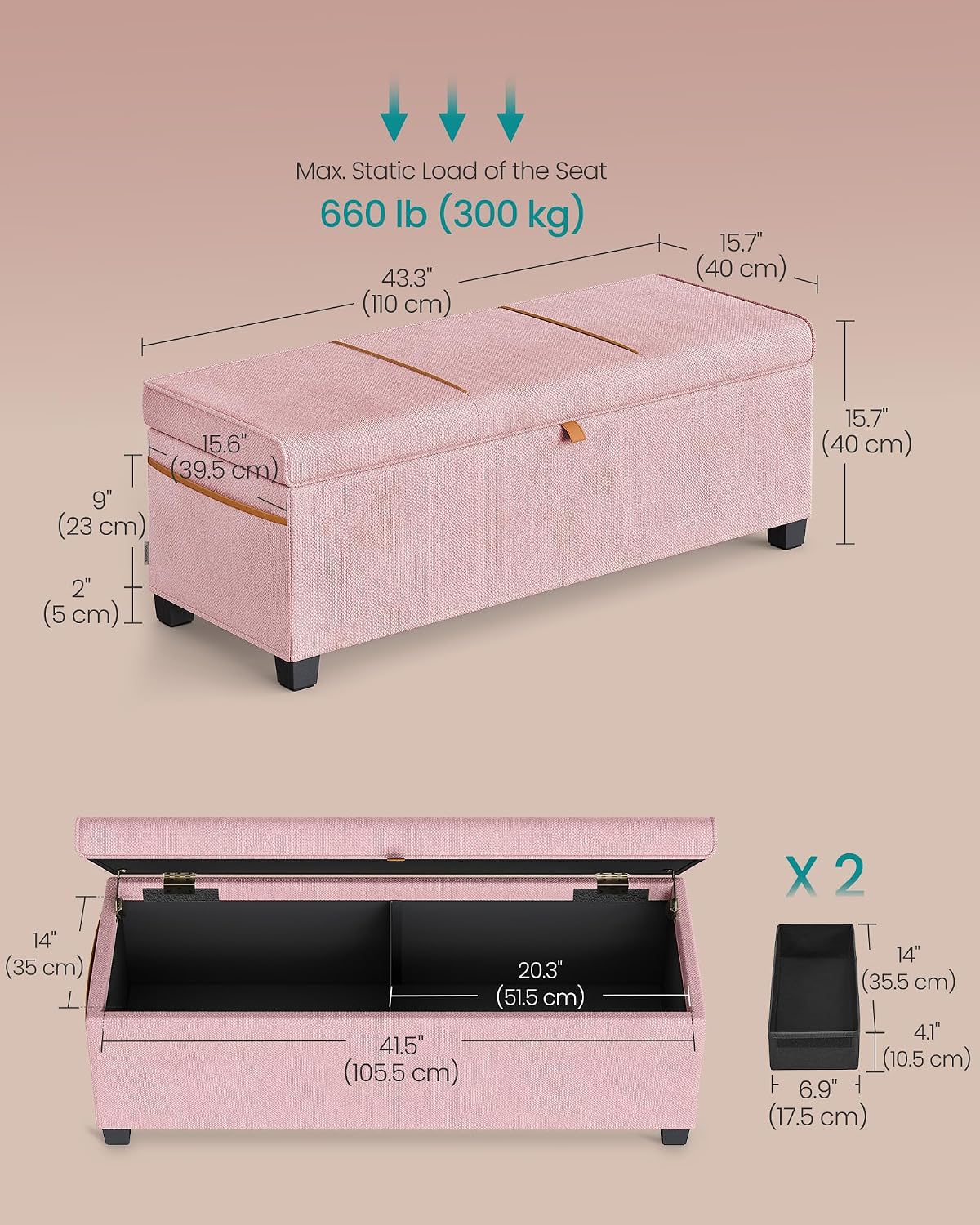 SONGMICS Storage Ottoman Bench, Foot Rest with Legs, 15.7 x 43.3 x 15.7 Inches, End of Bed Bench, Storage Chest, Load up to 660 lb, for Living Room, Bedroom, Entryway, Dark Gray ULSF088G01