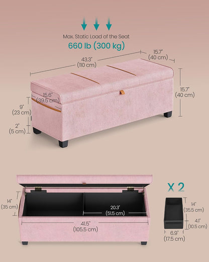 SONGMICS Storage Ottoman Bench, Foot Rest with Legs, 15.7 x 43.3 x 15.7 Inches, End of Bed Bench, Storage Chest, Load up to 660 lb, for Living Room, Bedroom, Entryway, Dark Gray ULSF088G01