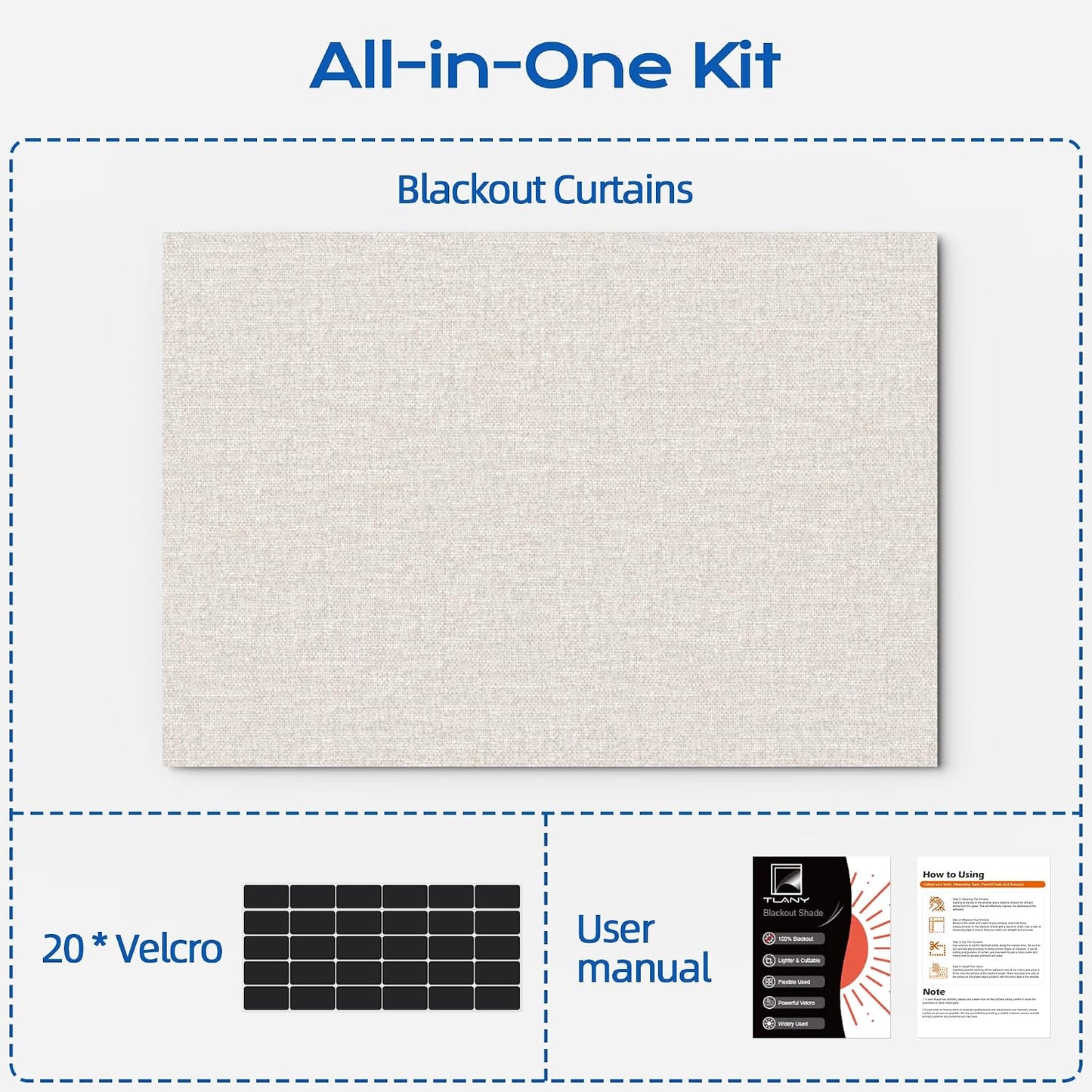 Linen Blackout Curtains for Bedroom, 70" x 58" Portable Black Out Blinds with 20 Sets Hooks & Loops Strips for 100% Blackout Window Film, Temporary Black-Out Shades for Windows Cover Travel RV- Cream