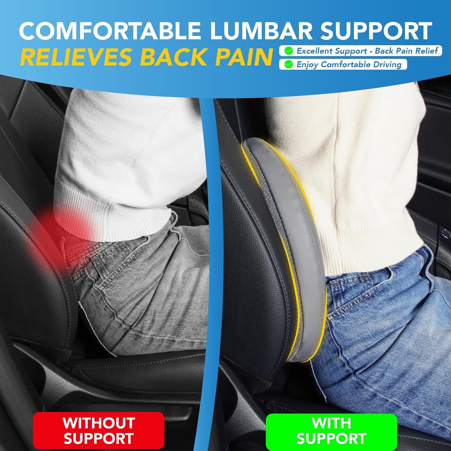Lofty Aim Lumbar Support Pillow for Car, Car Seat Back Support for Driving | Memory Foam Car Lumbar Support for Driving Seat, Car Back Cushion, Adjustable Straps, Lower Back Pillow, Office Chairs, Black