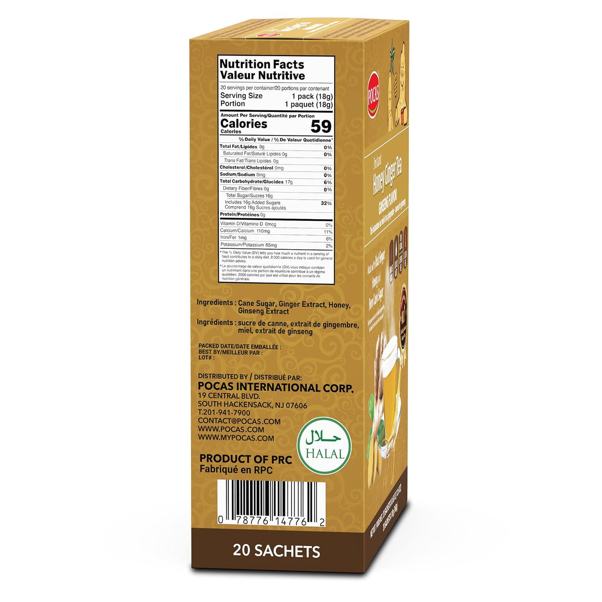 Pocas Honey Ginger Instant Tea Powder 2-Pack with Ginseng Flavor, Real Ginger Extract & Sweetener, Caffeine-Free Tea, 20 Packets