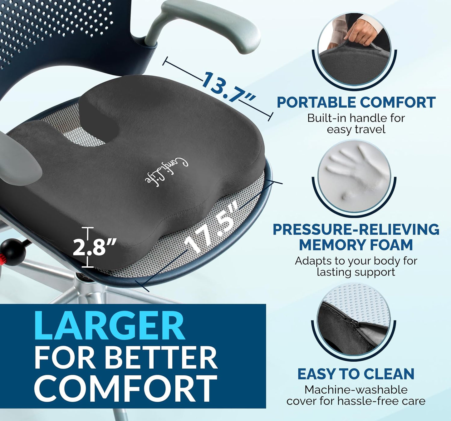 ComfiLife Gel Enhanced Seat Cushion – Office Chair Cushion – Non-Slip Gel & Memory Foam Coccyx Cushion for Tailbone Pain - Desk Chair Car Seat Cushion Driving - Sciatica & Back Pain Relief (Navy)