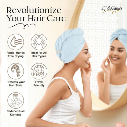 Lili&James 100% Cotton Hair Towel Wrap for Women & Kids – 420 GSM Quick Dry Hair Turban with Double Button Loop, Anti Frizz Non Microfiber Hair Drying Towel for Curly, Long & Thick Hair (Lilac)