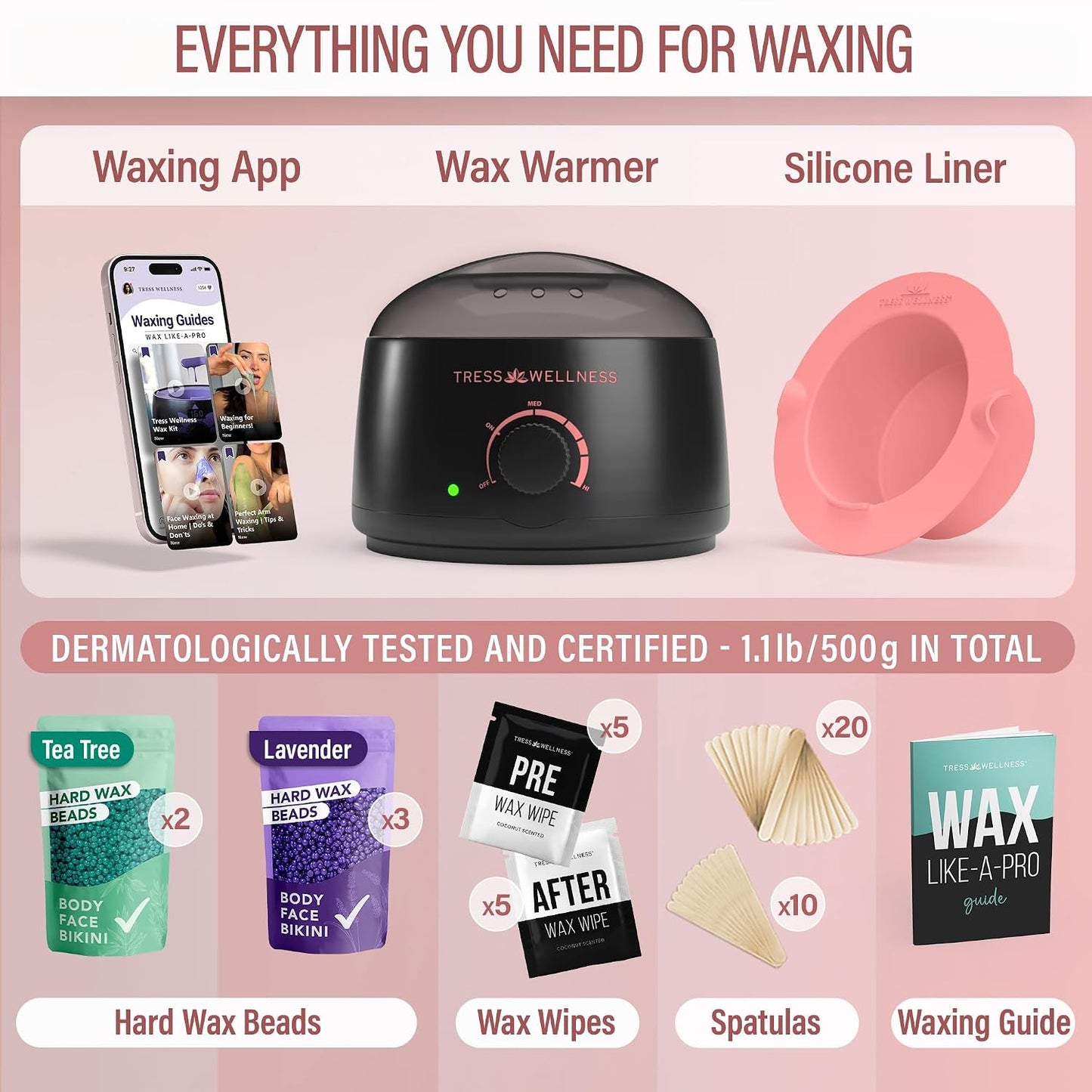 Tress Wellness Award Winning Waxing Kit for Sensitive Skin, Safe for Face & Skin, Easy to Use, At-Home Kit for Face, Bikini, Brazilian & Full Body - Digital Display, Black Purple Flower