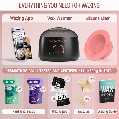Tress Wellness Award Winning Waxing Kit for Sensitive Skin, Safe for Face & Skin, Easy to Use, At-Home Kit for Face, Bikini, Brazilian & Full Body - Digital Display, Black Purple Flower