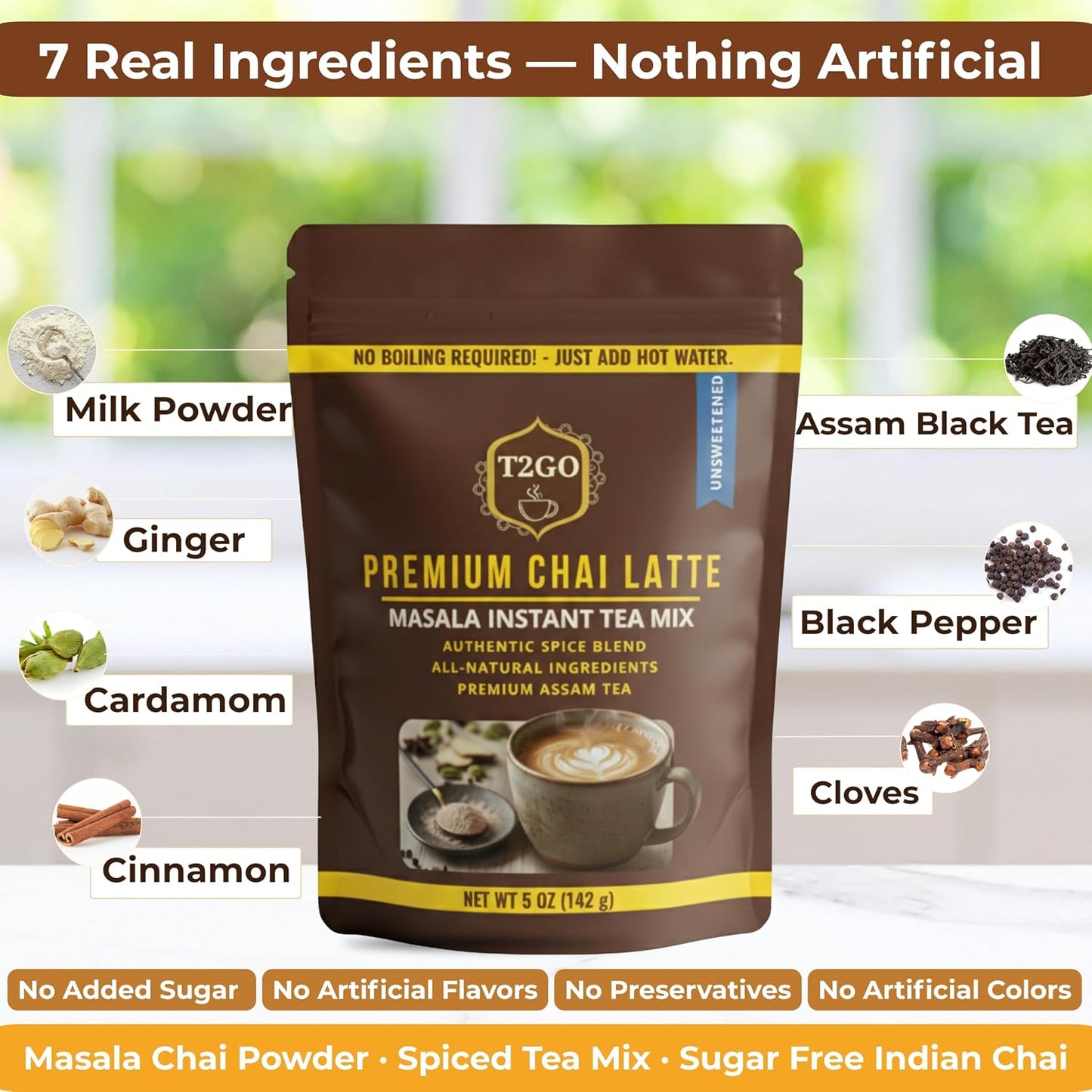 T2GO Unsweetened Masala Chai Tea Latte Powder – Just Add Water, 5 oz | Authentic masala chai, unsweetened — milk & spices built in, 45 calories, 0g added sugar, keto, ready in seconds