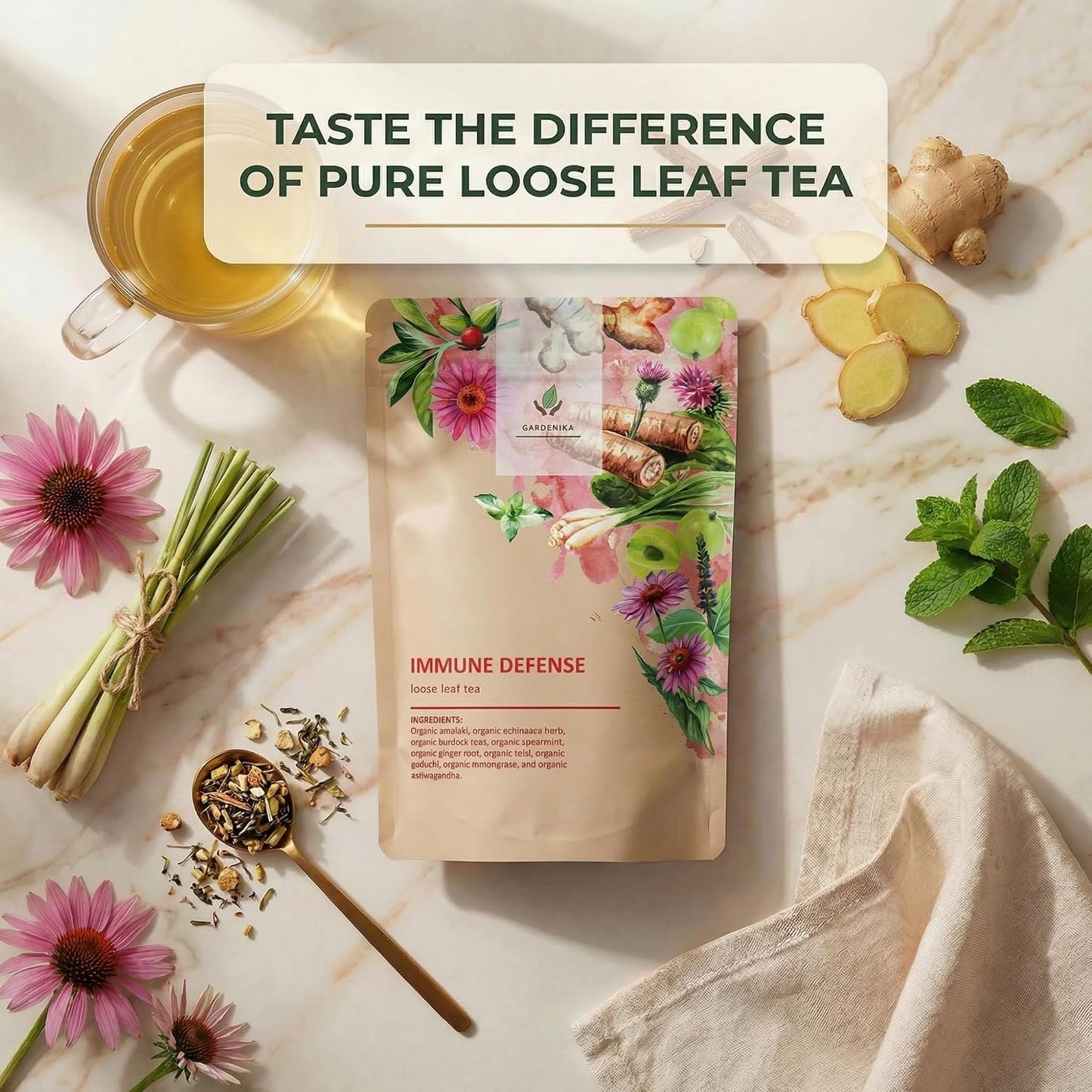Gardenika Organic Loose Leaf Tea Sampler – 8 Pack, 1 LB – Herbal and Naturally Caffeine-Free Set - Ayurvedic Assortment Blend