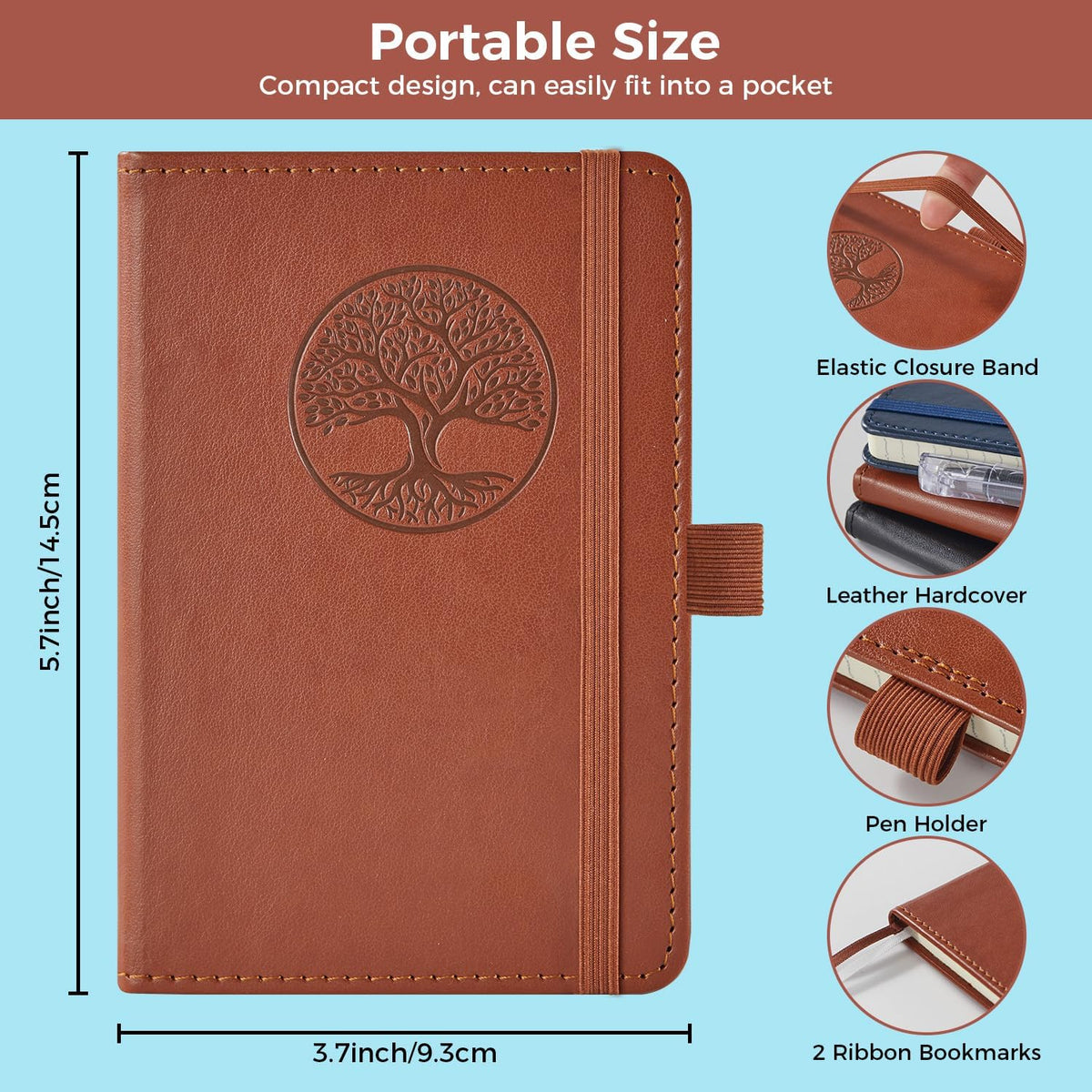 Small Notebook Pocket Journal, A6 3.7" x 5.7", 3 Pack, Black Leather Cover