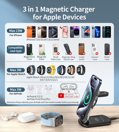 Mukiya 3 in 1 Magnetic Wireless Charging Station for Apple Devices