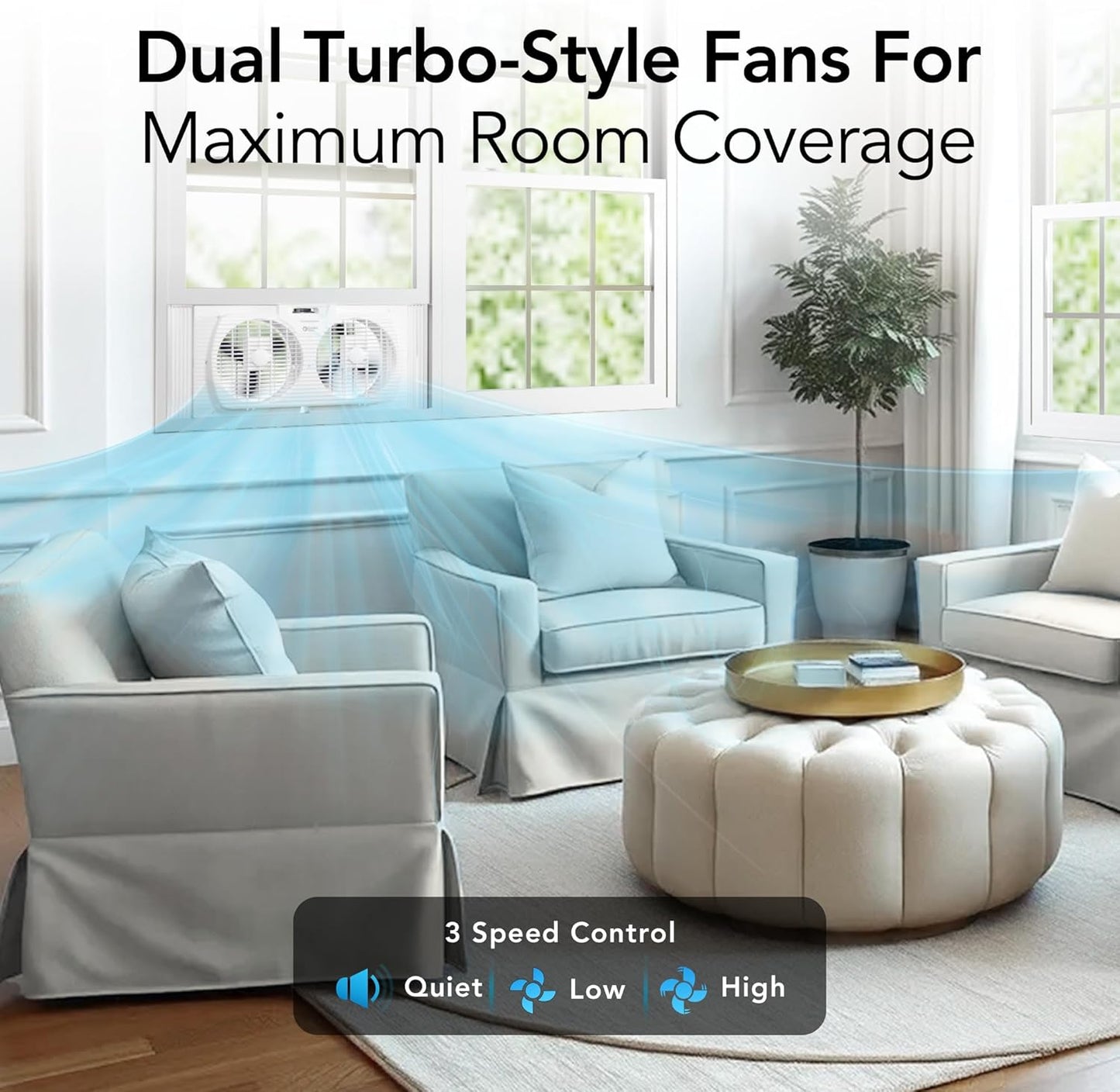 Comfort Zone Twin Window Fan with Reversible Airflow Control, 9 inch, Auto-Locking Expanders, 2 Speed Fan, Dual Fan, Exhaust, Airflow 9.84 ft/sec, Ideal for Home, Kitchen, Bedroom & Office, CZ319WT