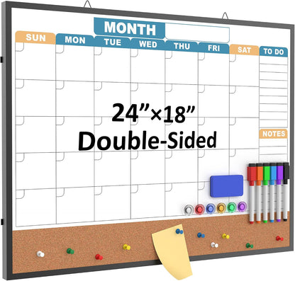 Monthly Calendar Dry Erase Board 16x12 Inch, Double-Sided Whiteboard and Corkboard Combo, Wall Mounted Planner Organizer with Markers, Magnets, Push Pins, Eraser, for Home Office School