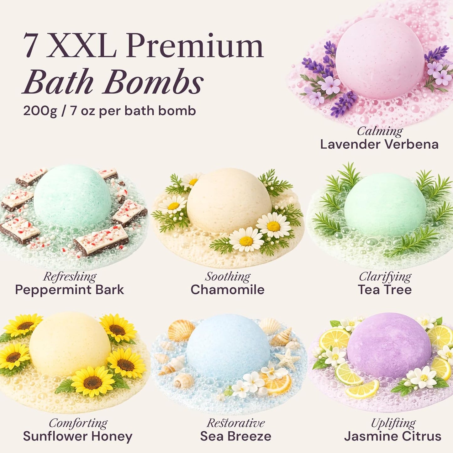 XXXL Bath Bombs for Women Gift Set, 7 Pack, Spa Scents, Adelegourdain | 7 Scents - Arrives in Gift Box - XXXL (200g) - Long-lasting Fizz & Scent - Non-Staining - For Birthdays, Mothersday and More