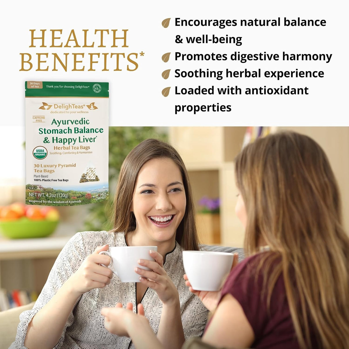 DelighTeas Ayurvedic Herbal Stomach & Liver Tea Bags | Eco-Friendly, Compostable Pyramids | Organic Milk Thistle, Fennel, Ginger, Peppermint & Licorice | Caffeine-Free, Kosher | 30 Tea Bags 4g Each