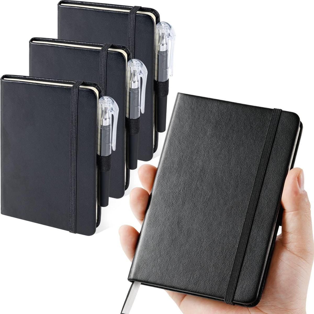 Small Notebook Pocket Journal, A6 3.7" x 5.7", 3 Pack, Black Leather Cover
