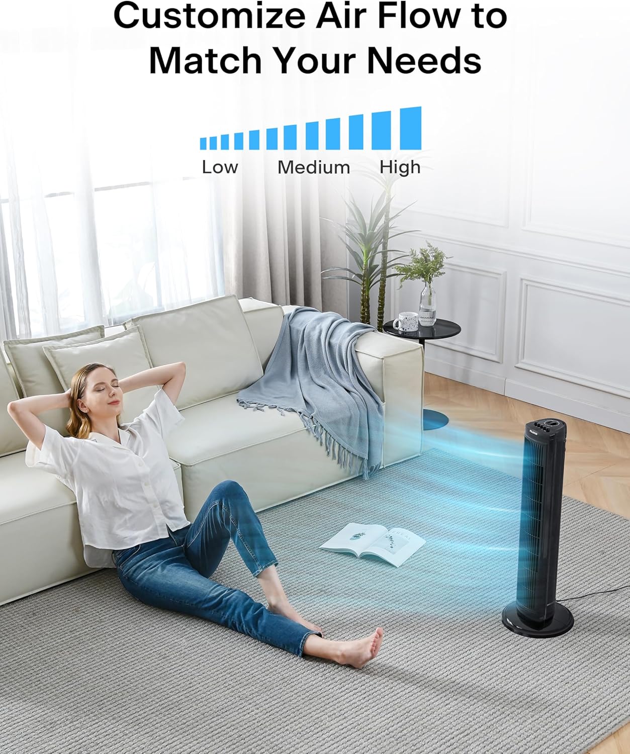 PELONIS 30 Inch Tower Fan for Bedroom, Quiet Oscillating Standing Fan with 3 Speeds, Portable Cooling Fan for Home Office Dorm Room, Auto-off Timer, Black, PFT28A2BBB