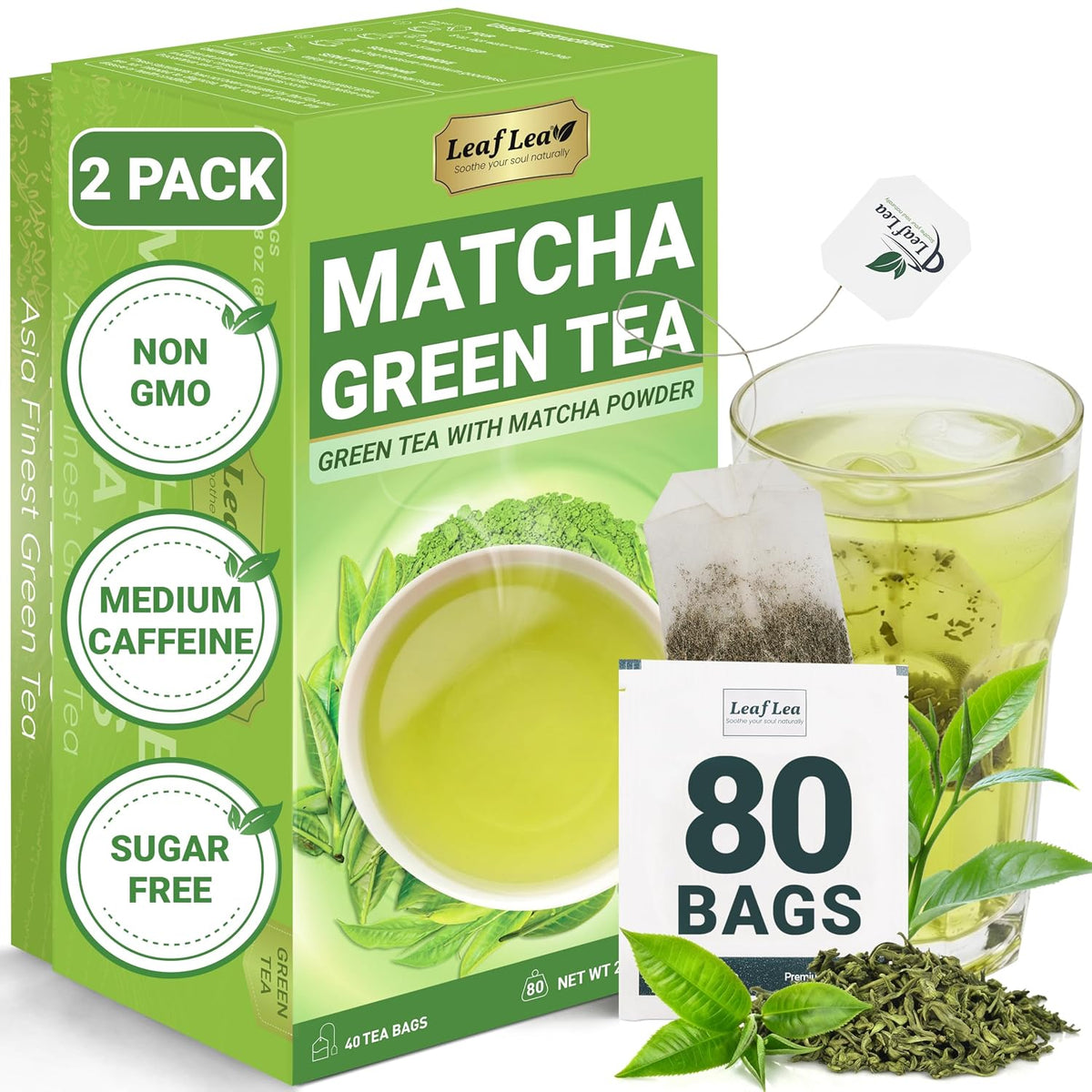 LeafLea Matcha Green Tea Bags, 80 Individually Wrapped, Stock-Up 2-Pack