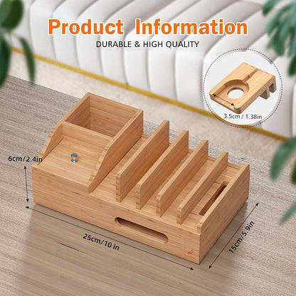 Bamboo Charging Station for Multiple Devices with USB Charger, 5 Cables