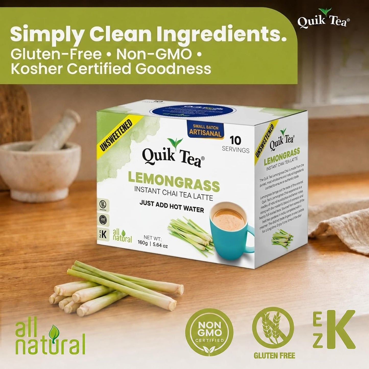QuikTea Instant Chai Tea Latte Mix, Lemongrass, Unsweetened, 10 Sachets