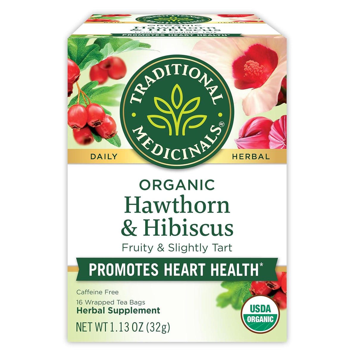 Traditional Medicinals Tea, Organic Hawthorn & Hibiscus, Promotes Heart Health, 16 Tea Bags (1 Pack)