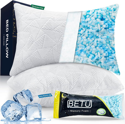 BETU Cooling Pillow Queen Size, Shredded Memory Foam Pillow for Hot Sleepers, Adjustable Firm Soft Support Pillows, Cool Bed Pillows for Side Back Stomach Sleeping Sleepers, gifts for boyfriend, White