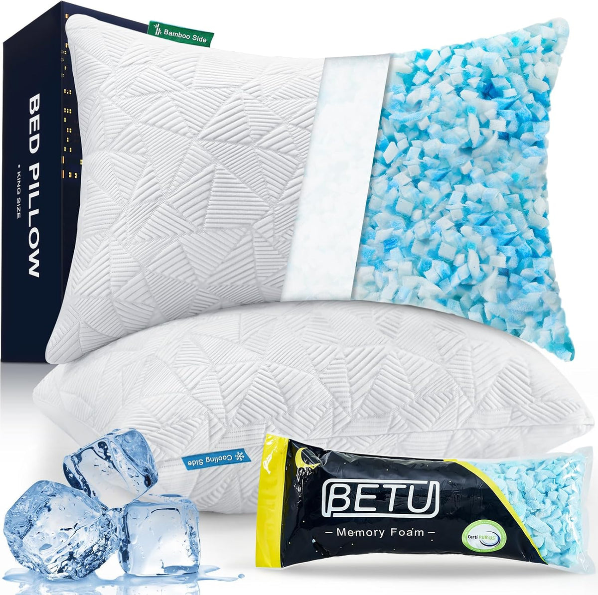 BETU Cooling Pillow Queen Size, Shredded Memory Foam Cool Pillow for Hot Sleepers, Adjustable Firm Soft Support Bed Pillows Perfect for Back Neck Pain and Side Sleeping with Pillow Case Cover, White
