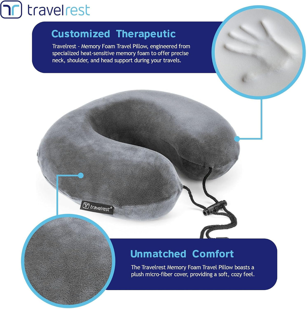 TRAVELREST Nest Neck Pillow Travel Essentials - Memory Foam Support - Grey