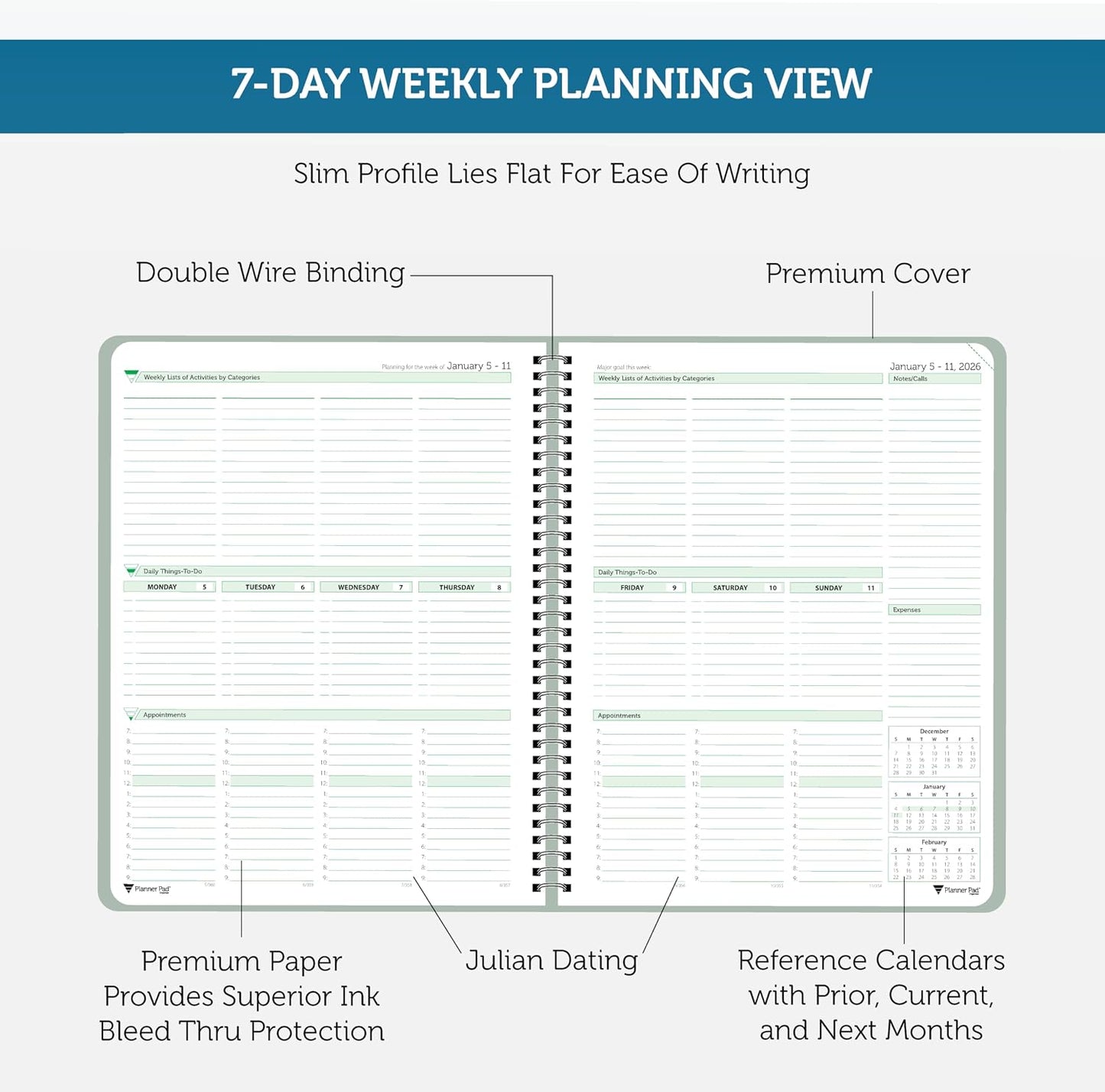 Planner Pad Spiral Bound July 2026 – June 2027 / Academic Year 8 1/2" x 11" Large 3-Tier Funnel Down 12 Month/Weekly Size Organizer, Greenish Grey Cover/Soft Green Ink