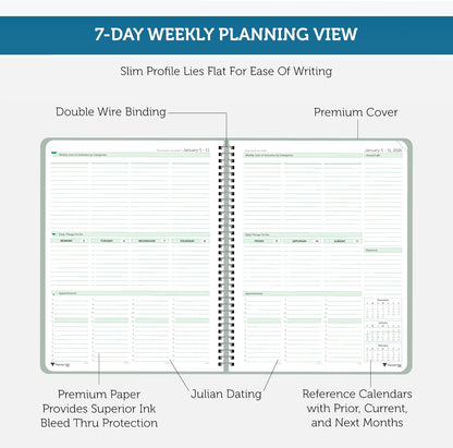 Planner Pad Spiral Bound July 2026 – June 2027 / Academic Year 8 1/2" x 11" Large 3-Tier Funnel Down 12 Month/Weekly Size Organizer, Greenish Grey Cover/Soft Green Ink