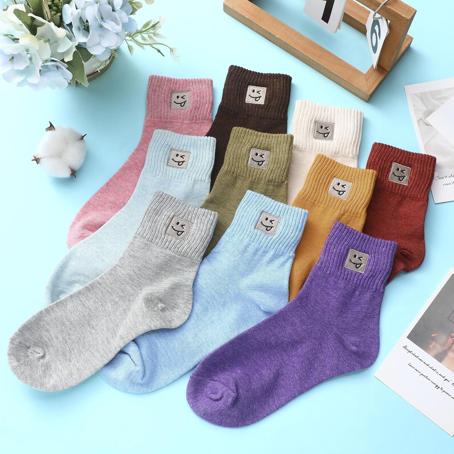 Eurzom 10 Pairs Socks Womens Crew Elastic Ankle Length Cotton Socks Aesthetic Cute Lightweight Low Cut Gifts for Women - Colors A