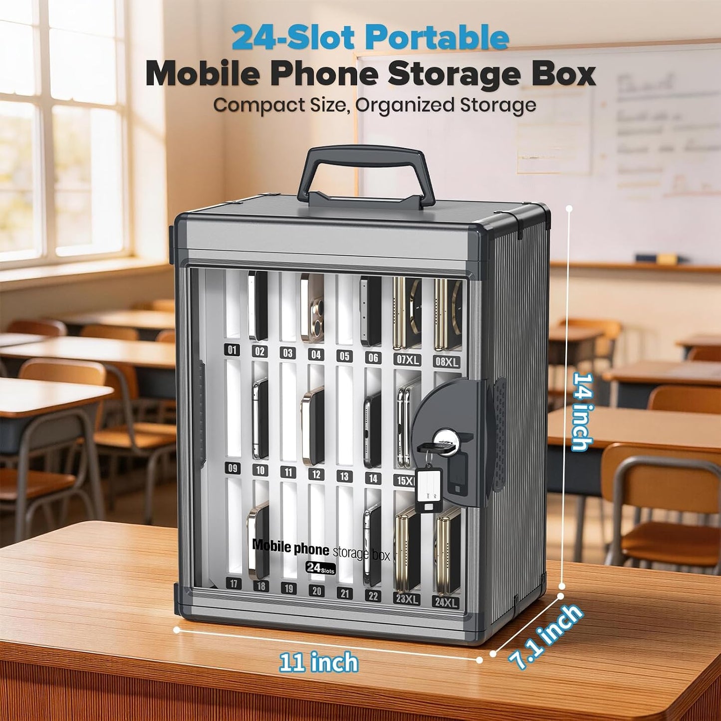 24 Slots Cell Phone Locker, Classroom Phone Storage Cabinet with Key, 【Wall Mounted】 【Aluminum Alloy】 Phone Lock Box, Mobile Phone Lockbox with Handle for School Office Exam(Silver)