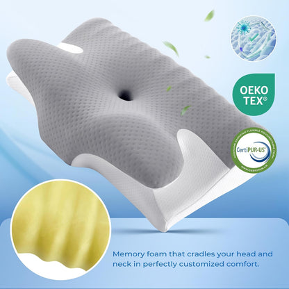 BDEUS Ergonomic Cervical Pillow for Side Sleepers, 2-in-1 Contour Orthopedic Memory Foam Pillow for Neck Shoulder Pain Relief, Sleep Apnea, Anti Snore, Pillow with Arm Rest, Head Cradle, Grey