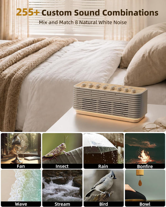 White Noise Sound Machine for Sleep, 255+ Natural Sound Combinations, Breathing Night Light with Sleep Timer, Volume Control, Rechargeable Bluetooth Speaker, Bedroom Relaxation Baby Kids Adults
