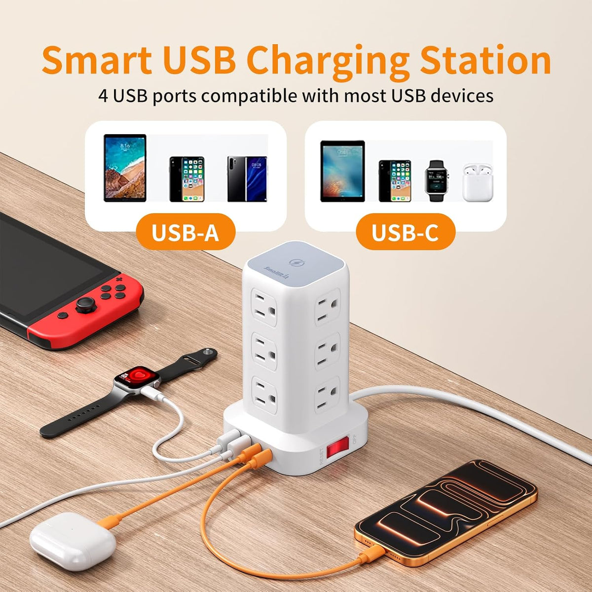 Extension Cord with Multiple Outlets, SMALLRT Power Strip Tower, Outlet Extender with 12 AC Outlets 4 USB, 6.5FT Extension Cord for Home Dorm Room, Office Supplies,Overload Protection